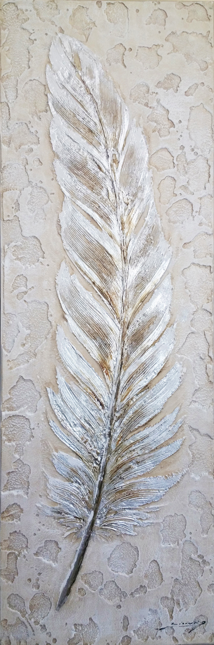 DY037 Wall décor art oil on canvas single feather silver grey tones